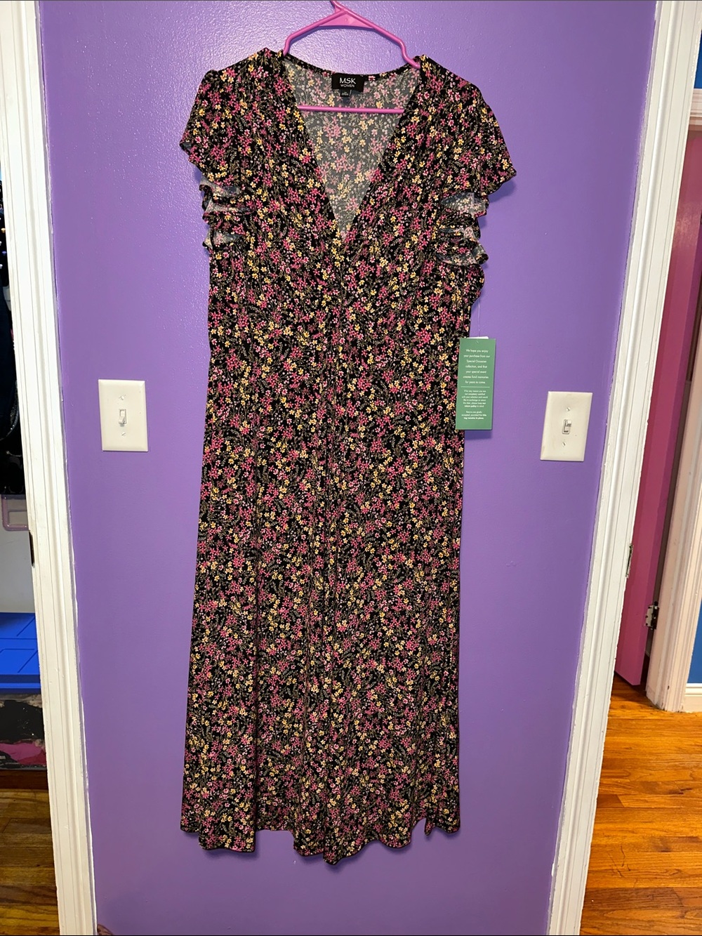 MSK Black Floral Midi Dress with Pink & Green Print
